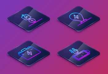 Set Isometric line Charging parking electric car, Car battery, and Battery charge. Blue square button. Vector