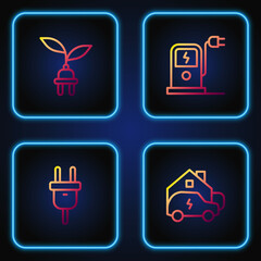 Set line Charging car at home, Electric plug, saving leaf and charging station. Gradient color icons. Vector