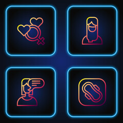 Set line Sanitary napkin, Female opinion, gender and Muslim woman hijab. Gradient color icons. Vector