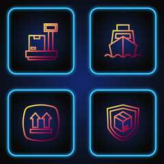 Set line Delivery security with shield, This side up, Scale cardboard box and Cargo ship boxes delivery. Gradient color icons. Vector