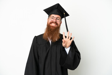 Young university graduate reddish man isolated on white background happy and counting four with...