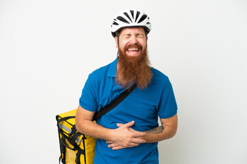 Young reddish caucasian man with thermal backpack isolate don white background smiling a lot