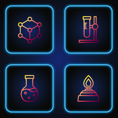 Set line Alcohol or spirit burner, Test tube, Molecule and flask on stand. Gradient color icons. Vector