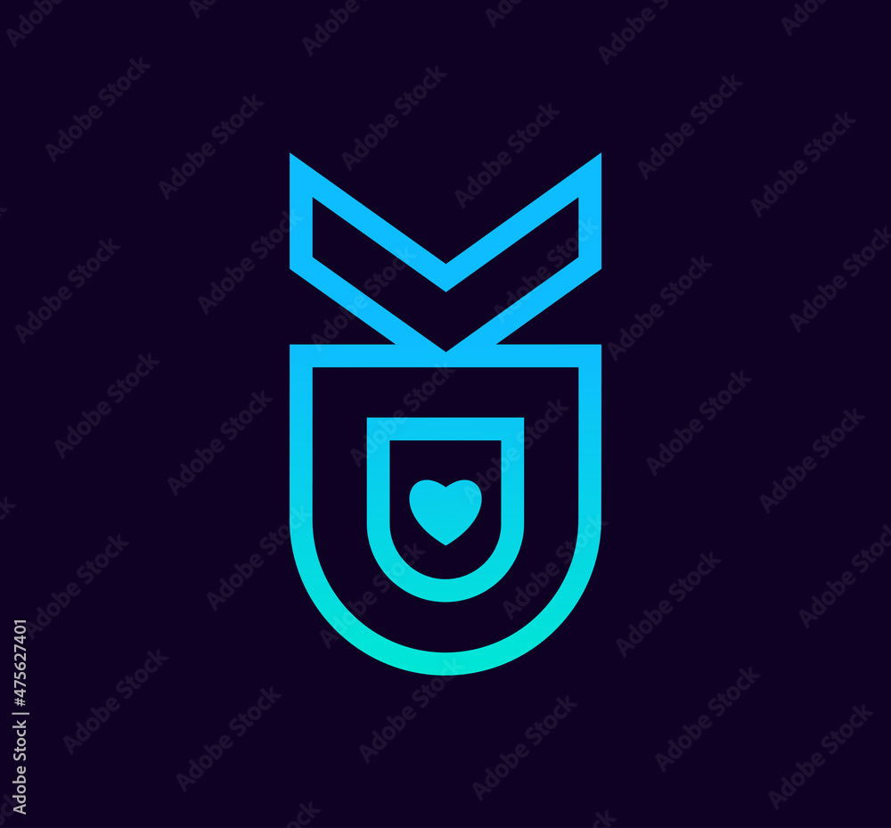 Poster Abstract blue shield design element with heart symbol isolated on dark background.