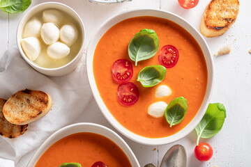 Healthy creamy tomato soup with mozzarella cheese and crostini.