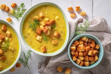 Tasty cucumber soup made of gherkins and potatoes.