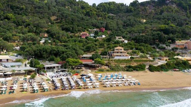 Aerial drone view over Pelekas Kontogialos beach. Corfu, Greece. View of Beach of Kontogialos, Pelekas, Corfu, Greece.