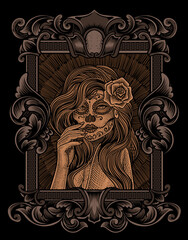 illustration sugar lady skull with engraving style