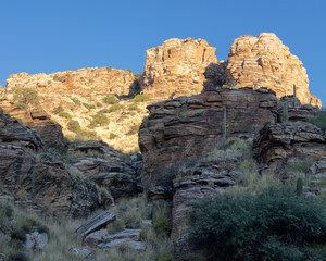 View of the sun rises and illuminates the rocks and desert in Mt Lemmon  Tucson Arizona, USA