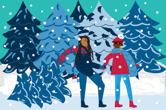 Lesbian couple walking in a snow winter wonderland dragging a tree