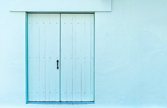 Blue House Facade With Traditional Blue Door, With Copy Space