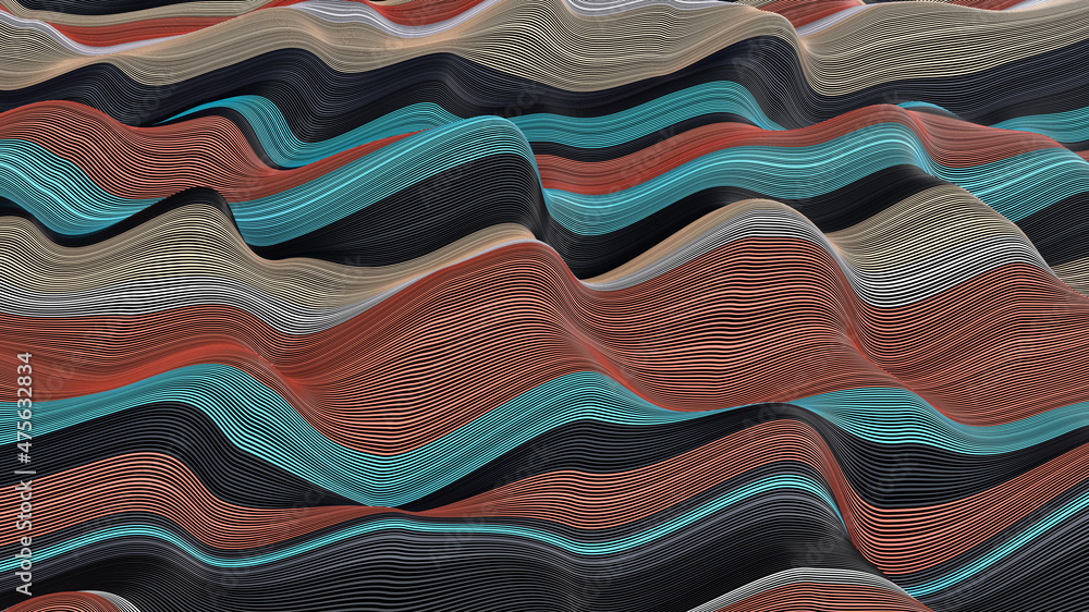 Poster 3d rendering of cyan and brown weave lines. abstract background with multi-colored dynamic waves