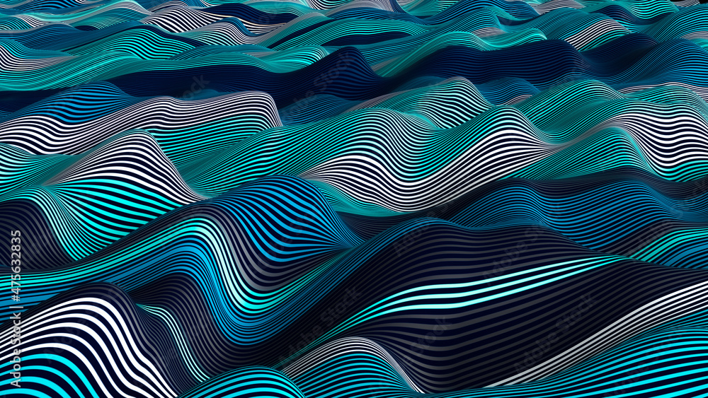 Poster 3d rendering of cyan weave lines. abstract background with colored dynamic waves