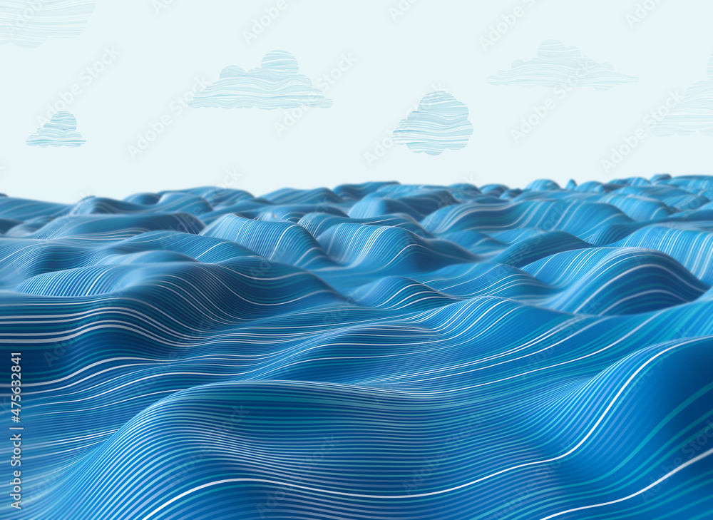 Aufkleber 3d rendering of an abstract ocean background. blue-colored dynamic waves cloth wavy folds