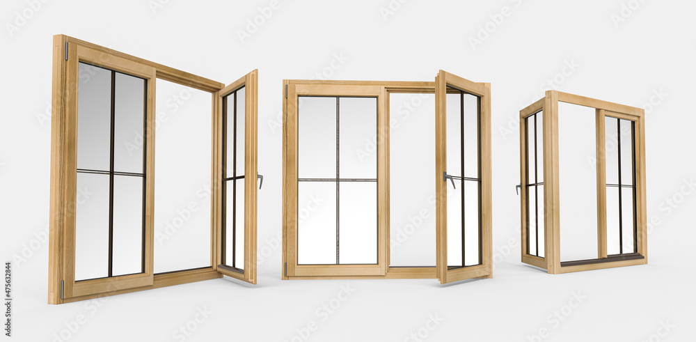 Poster 3d rendering of square wooden windows isolated in the white background