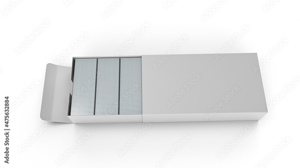 Poster 3d rendering of a box of staple pins isolated in the white background