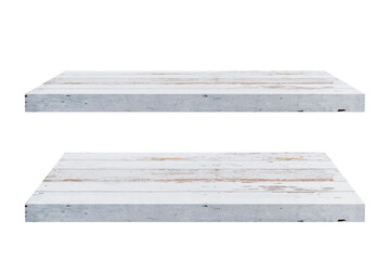 There are two styles of white wood shelves on a white background