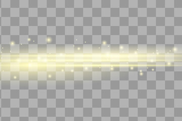 Yellow horizontal lens flares pack. Laser beams, horizontal light rays.Beautiful light flares. Glowing streaks on dark background. Luminous abstract sparkling lined background.