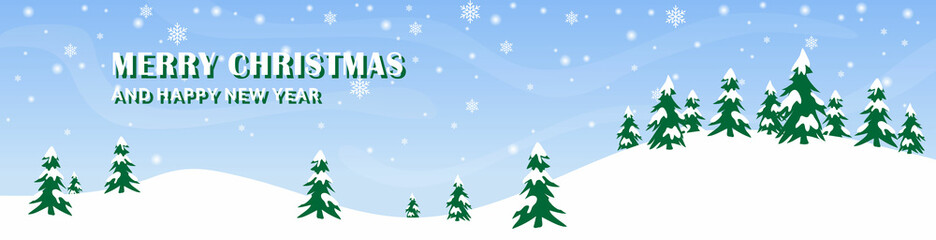 Fototapeta premium christmas banner template design, with fir tree on snow hill, winter weather, creative vector graphic