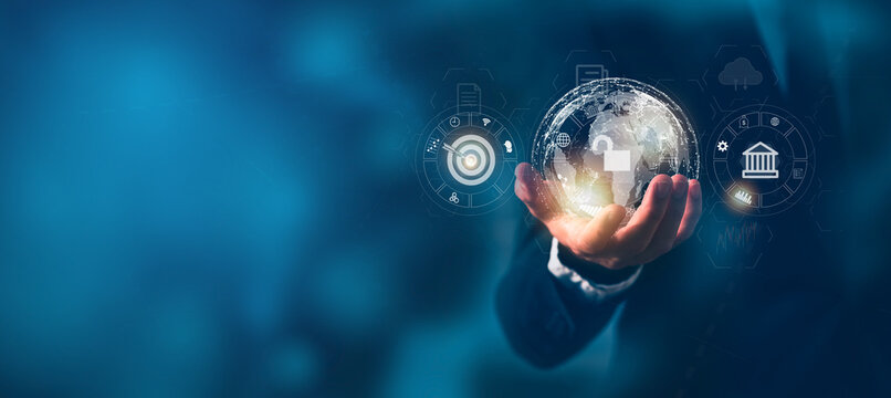 Businessman holding in hand with global connection concept.investment data, business planning, and strategy on blue background.