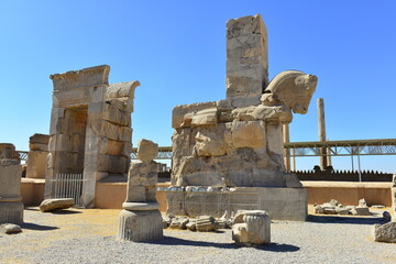 Persapolis, Iran. Ruins of Persapolis, the capital of Persian Empire later destroyed by Alexander the great. Historical city of Persapolis in Shiraz, Iran