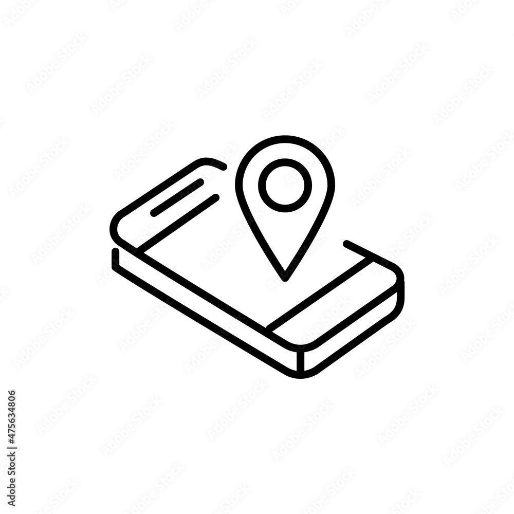 Poster Smartphone with a location map pointer. Isometric view. Pixel perfect, editable stroke icon