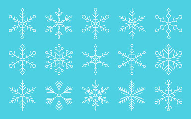 Snowflakes snow xmas symbol thin white line set. Winter element new year decor christmas contour. Linear freeze sticker hexagonal doodle shape holiday card invitation cold weather widget isolated