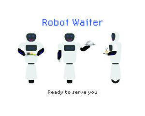 An illustration of robot waiter serving food. One method of reduce workforce, advantage of using automation and cost effectiveness.