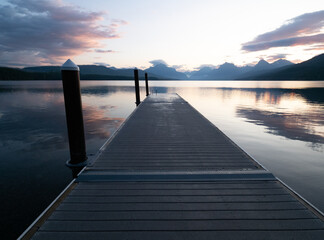 Dock Jutting into Lake McDonald in Glacier National Park, Montana, at Dawn
