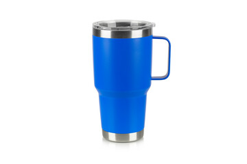 Blue water bottle. Stainless steel blue thermos bottle isolated on white background. Thumber...