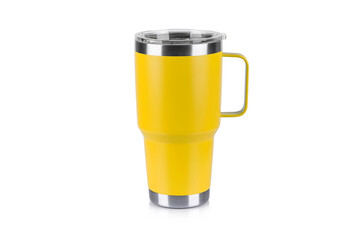 Thermos  bottle yellow color container on white background
 - obrazy, fototapety, plakaty