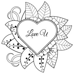 Mehndi flower with frame in shape of heart. decoration in ethnic oriental, doodle ornament.