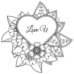 Mehndi flower with frame in shape of heart. decoration in ethnic oriental, doodle ornament.
