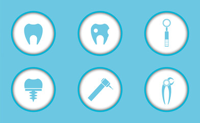 A set of flat dental badges, round shape, dental examination and treatment tools.