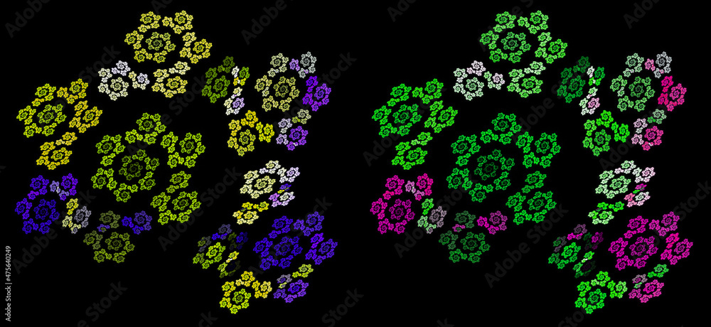 Poster large colorful spirals are made up of small ones. the spirals create a pattern on a black background