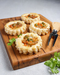 Puff pastry ayam or chicken puff pastry or vol au vent with chicken and vegetables.