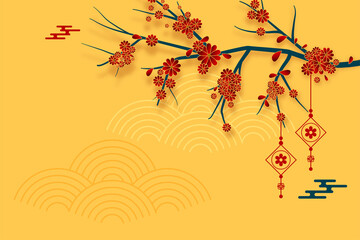 traditional chinese background with sakura tree and lantern decoration © starlineart