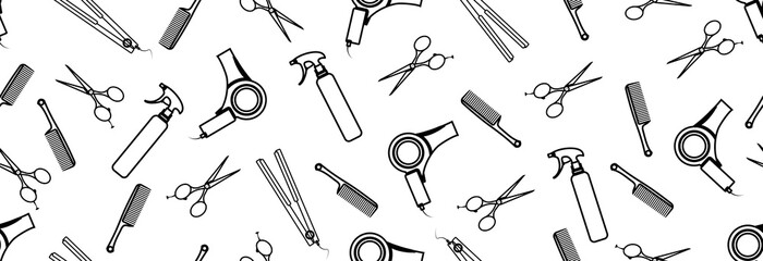 Set of hairdressing tools in a black stroke on a white background. Without suture pattern.