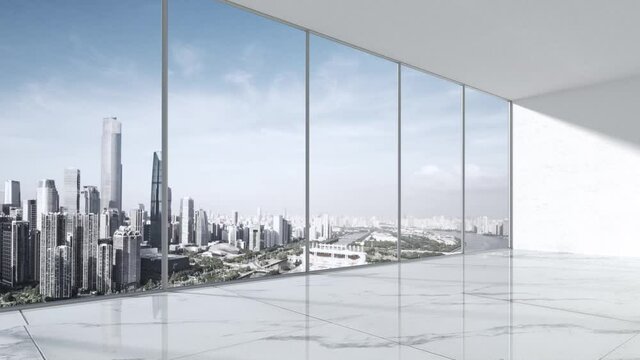 empty office with glass window and marble floor 4d rendered
