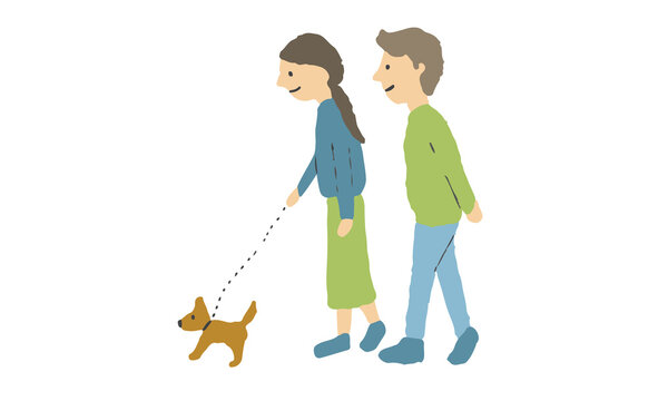 犬の散歩をする夫婦のイラスト