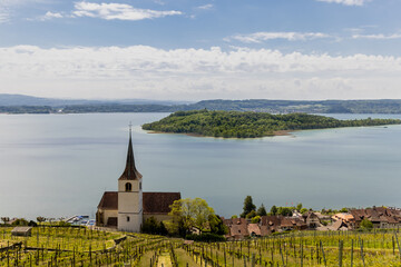Church in Ligerz at the lake Biel Switzerland - obrazy, fototapety, plakaty