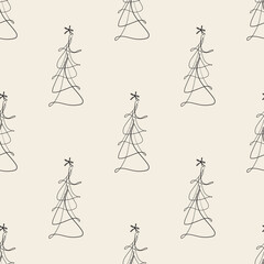 seamless simple christmas pattern background with hand draw line art pine tree
