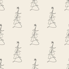 seamless simple christmas pattern background with hand draw line art pine tree
