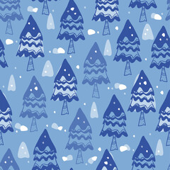 seamless christmas pattern background with blue pine tree and white snowflakes