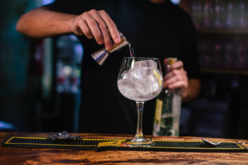 Shot of a bartender making a gin and tonic at night behind the bar of the nightclub - obrazy, fototapety, plakaty