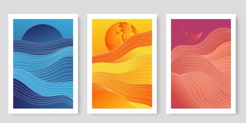 Set of Abstract Futuristic Landscape. Vector Poster with Line Art Fantastic Composition, Ideal for Wall Art Print, Modern Poster, Minimal Interior Design, Social Media. Vector EPS 10