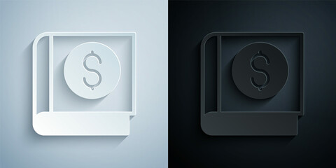 Paper cut Financial book icon isolated on grey and black background. Paper art style. Vector