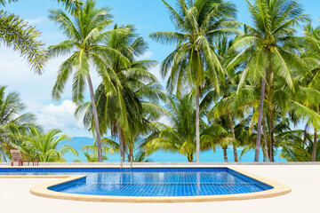 Swimming pool blue water, sea beach poolside, tropical island nature, green palm trees, ocean coast...