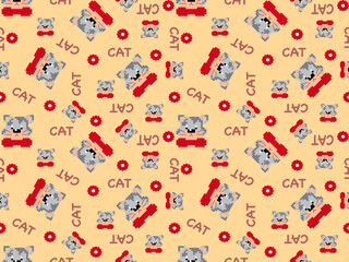 Cat cartoon character seamless pattern on orange background. Pixel style