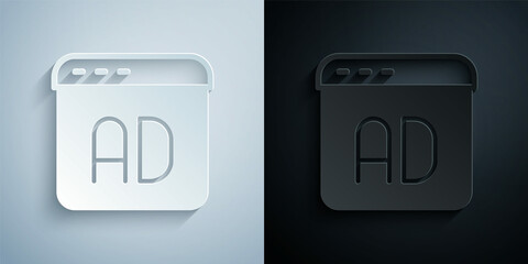 Paper cut Advertising icon isolated on grey and black background. Concept of marketing and promotion process. Responsive ads. Social media advertising. Paper art style. Vector